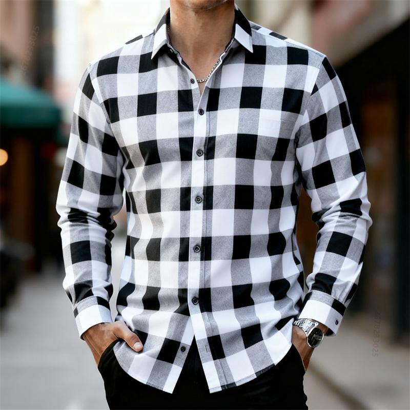 Men's Classic Red and Black Plaid Long-Sleeved Shirt, Available in Multiple Colors, Casual Retro Outdoor Casual Fashion Shirt