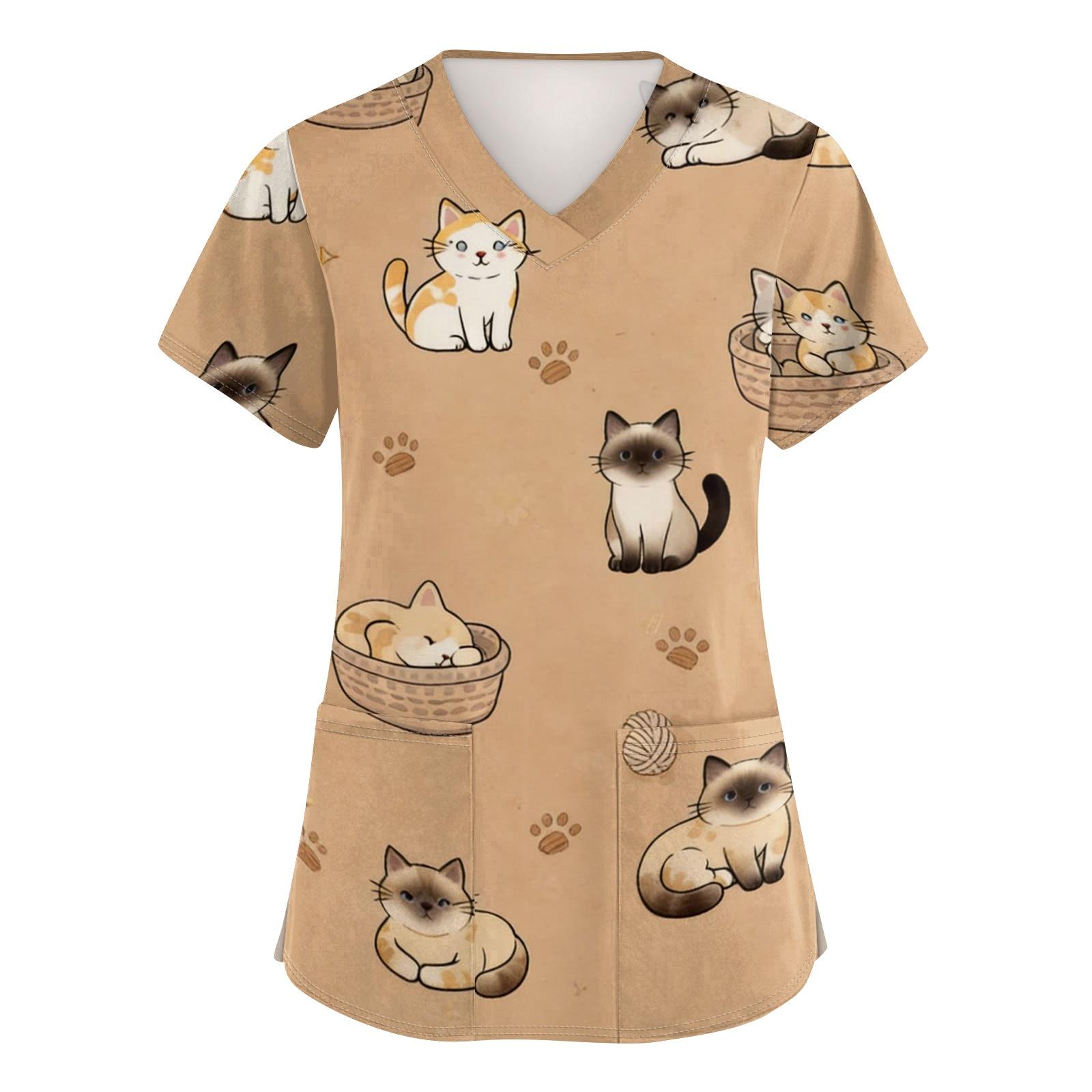 

Womens V Neck Short Sleeve Work Shirt with Pockets Animal Print Top Medical Uniform Scrub Tee for Healthcare Professionals S