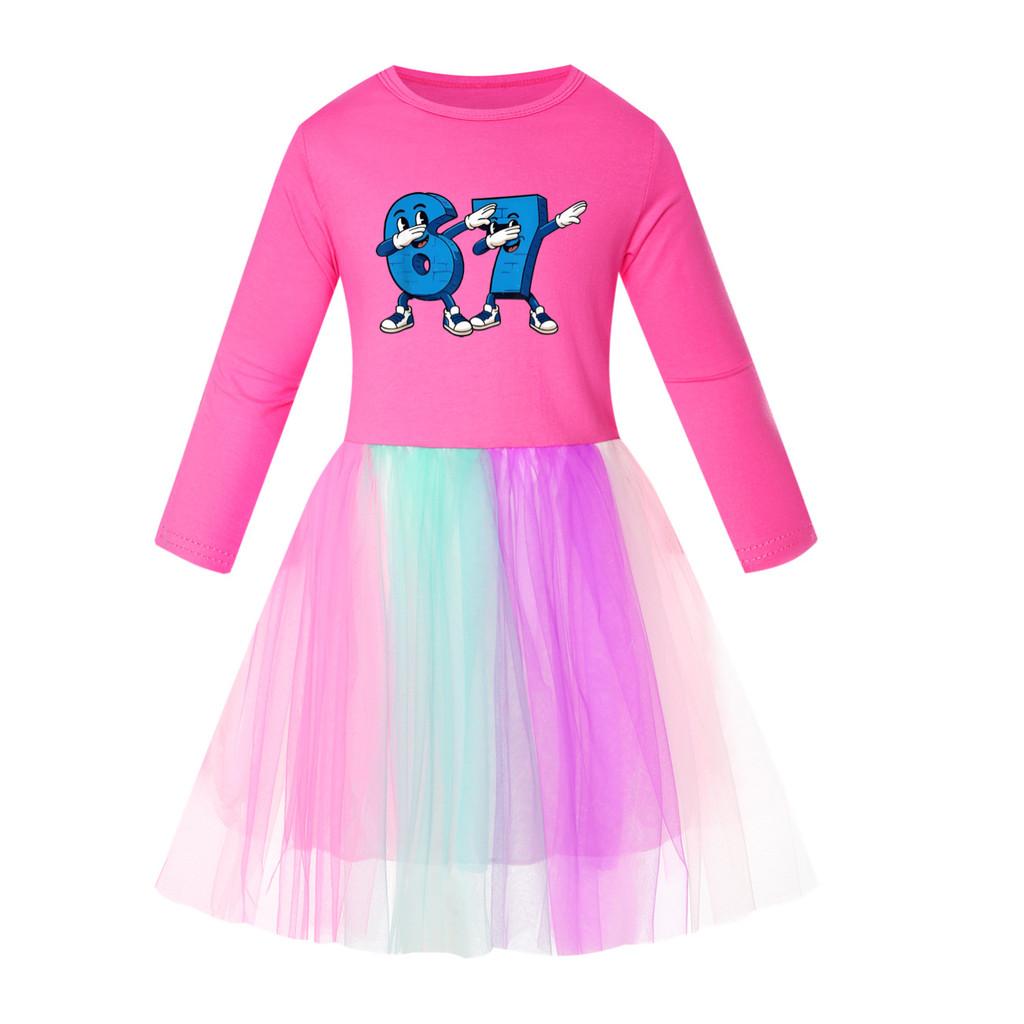5226 Kids Girls Steal a Brainrot 67 Six Seven Print Mesh Rainbow Round Neck Casual Casual Cotton Dress