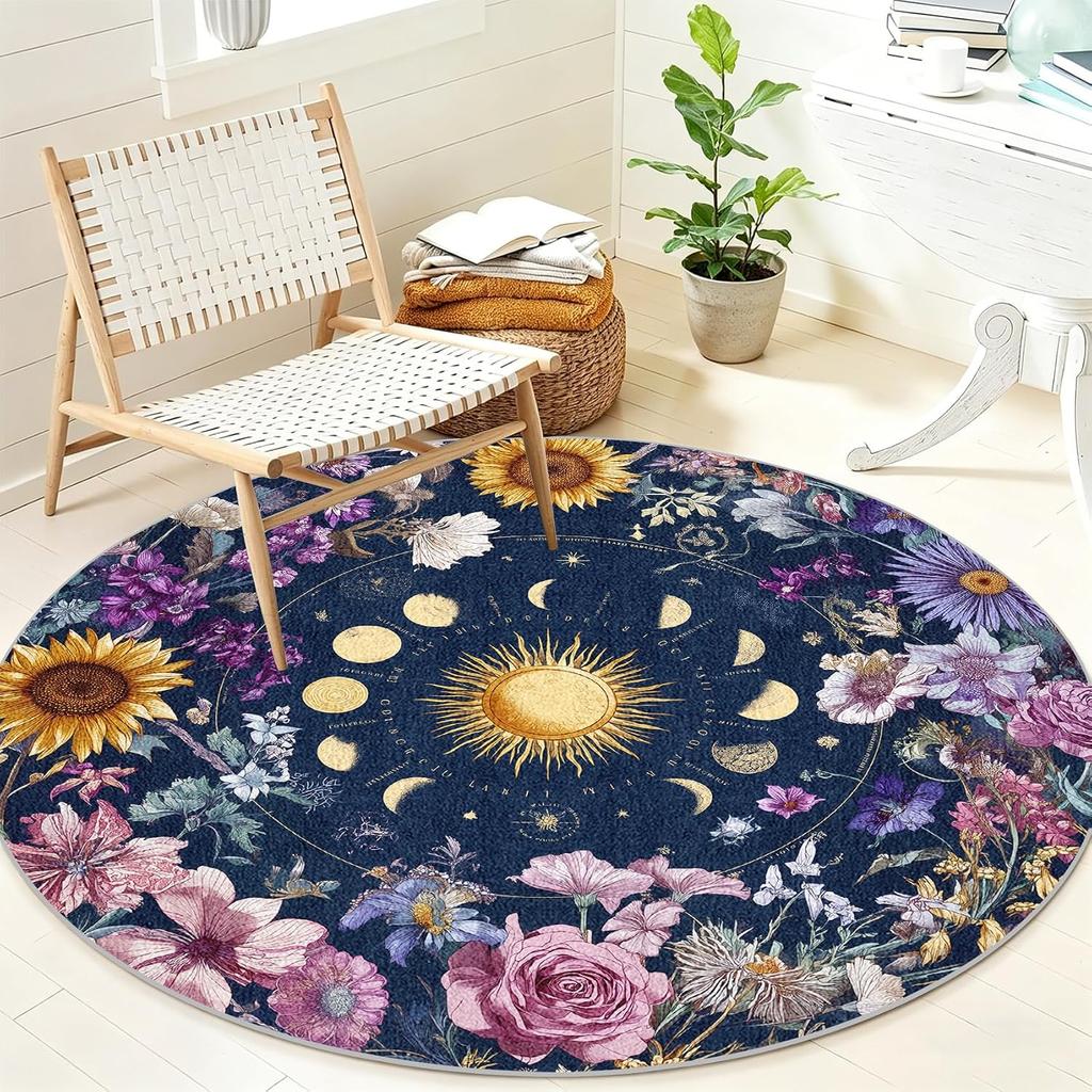 Sun Moon Round Area Rug Washable Non Slip Rug for Living Room Bedroom,Soft Low Pile Floral Carpet for Nursery Bedroom Dining Roo