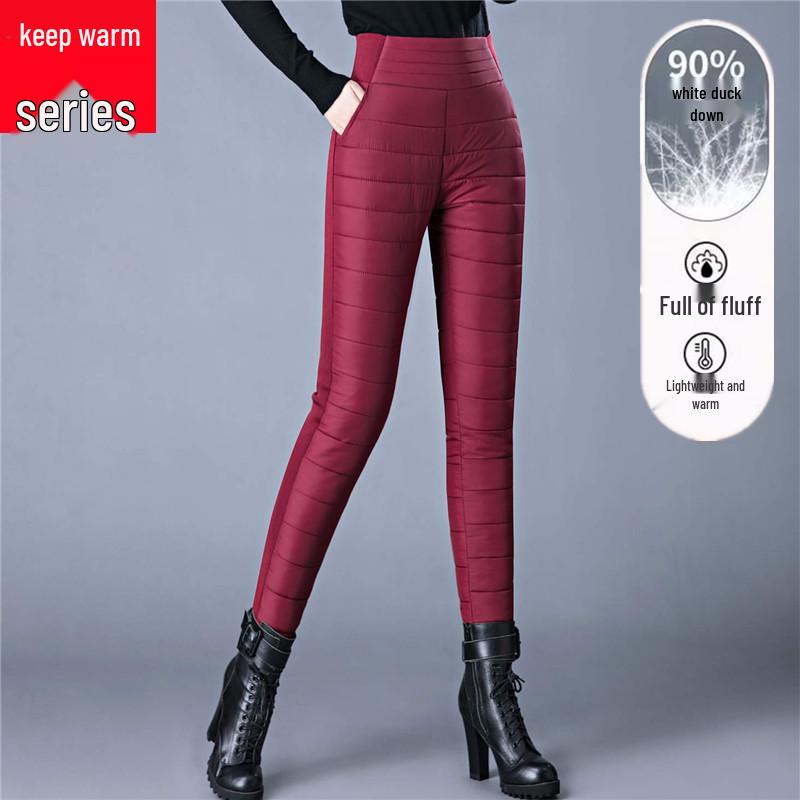 

Женские брюки с высокой талией из натурального белого утиного пуха, Зима 2024: Толстая, Теплая, Защищающая от холода верхняя одежда для мам среднего возраста 4XL вино красного