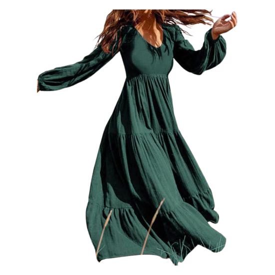 Dames Lente Herfst Jurk Ronde Hals A-lijn V-hals Geplooide Lange Mouwen Effen Kleur Grote Swing Uitgaan Shoppen Vakantie Maxi Jurk