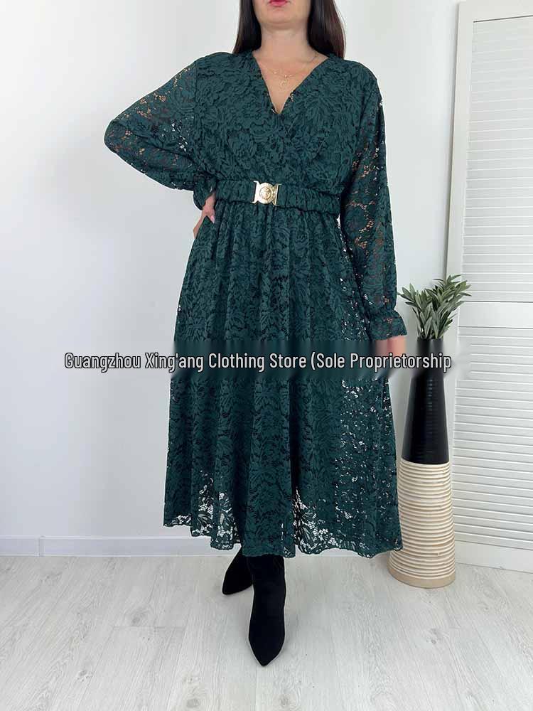 

2026 European & American High-End Lace Waist-Cinching Slim V-Neck Dress XXL темно-зелений колір