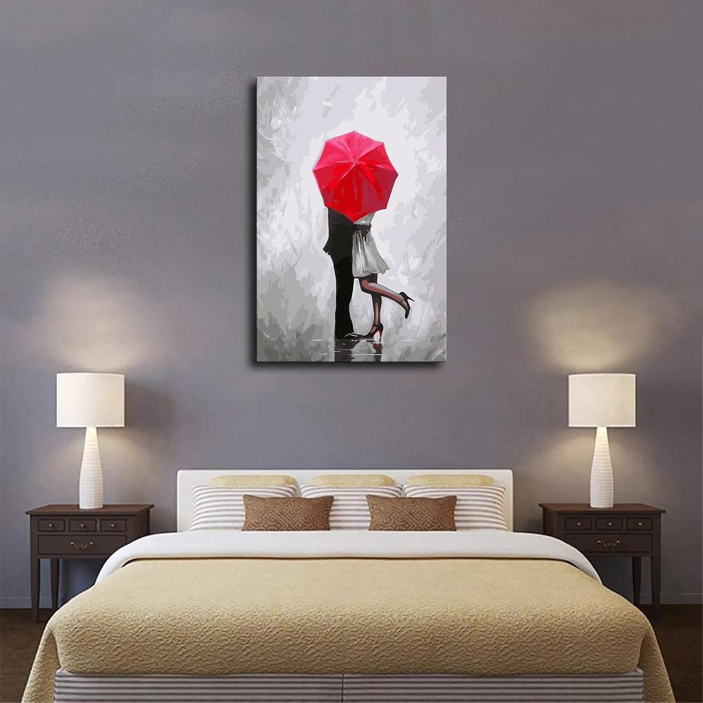Red Umbrella and Couple Silver Sky and Romantic Couple Poster Canvas Wall Art Picture Print Modern Home Bedroom with Frameless Decor