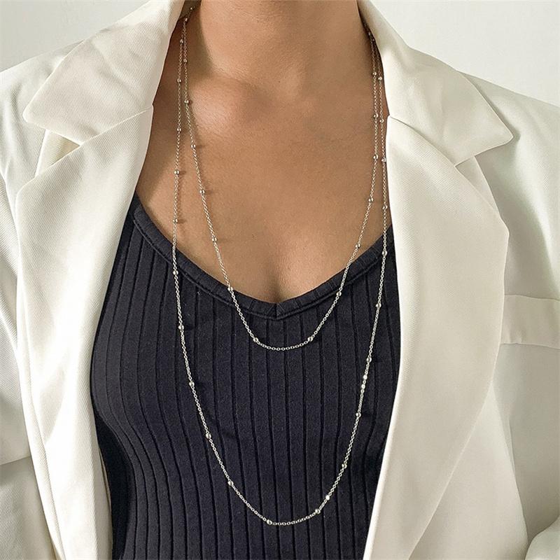 Vintage Gold Color Double Layered Necklace for Women Simple Crystal Zircon Metal Long Tassel Beads Chain Choker Party Jewelry