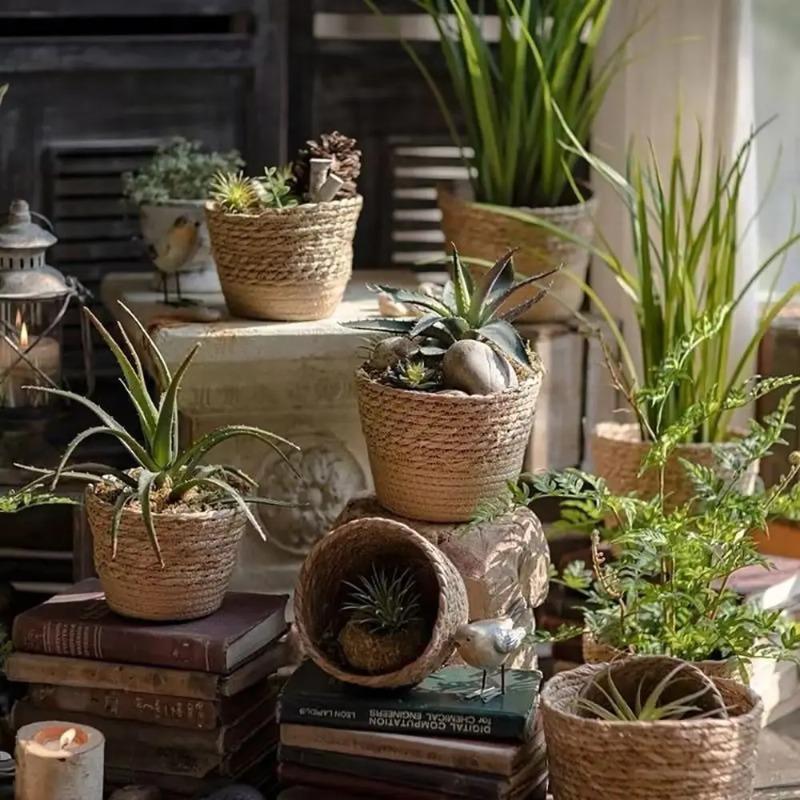 Rattan Stroh Geflochtener Pflanzkorb S/M/L Blumentopf Behälter für Garten Terrasse Balkon Haus Dekorative Möbel
