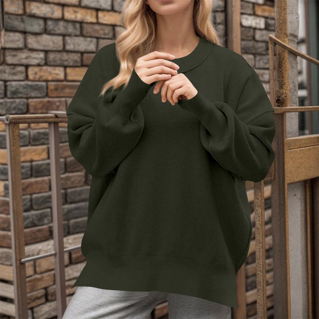 Women's Fashion Round Neck Long Sleeve Sweater Knitted Side Slit Pullover