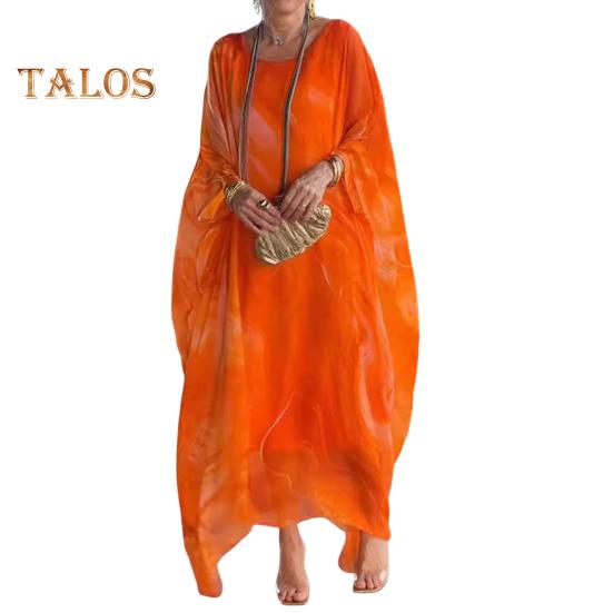 Maxikleid für Damen, fließender Rundhalsausschnitt, unregelmäßige Fledermausärmel, doppellagig, mit Marmorstruktur bedruckt, übergroßes, knöchellanges, lässiges Maxikleid