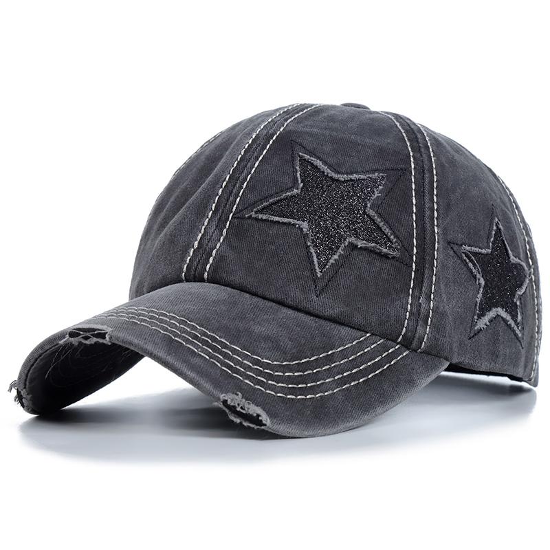 New Fashion Women Ponytail Cap Sequins 5-Point Star Hole Design Baseball Cap Female Washed Cotton Streetwear Hats