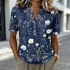 Damen Kurzarm Baumwoll-Leinen Hemd Henley Knopfleiste Freizeit Lockerer Schnitt Bedruckte Bluse Bequem Leicht Sommer Top