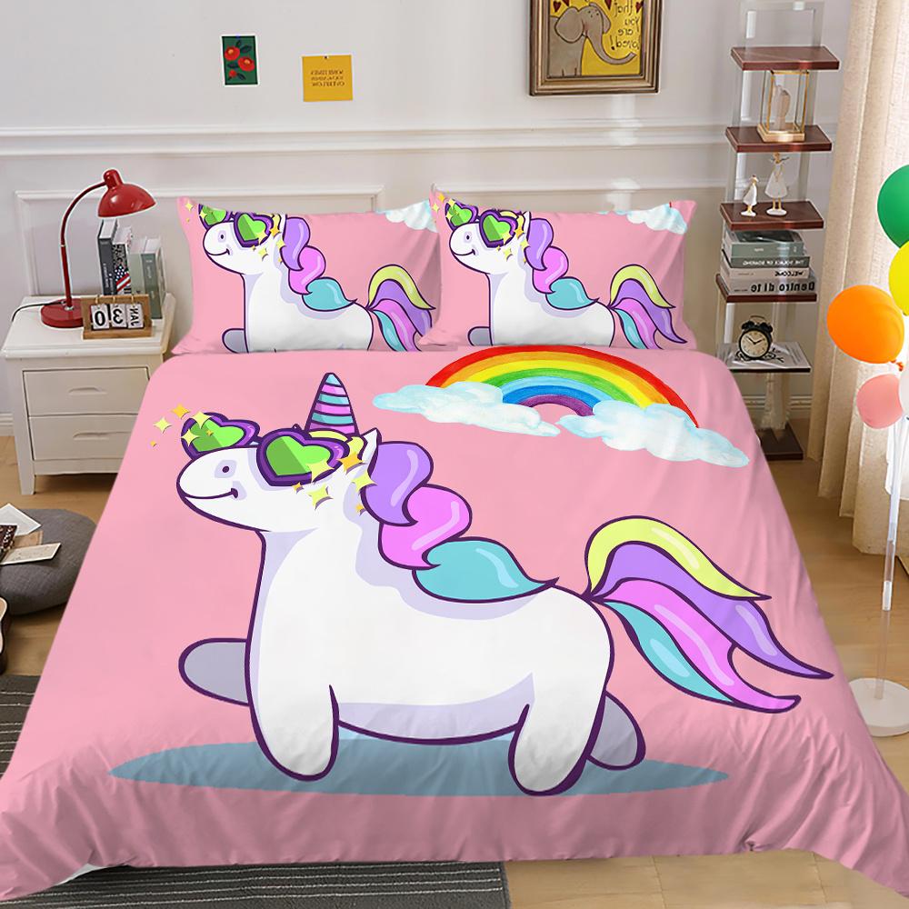 2023 Neuer Stil Bettwäsche-Set 3D Einhorn-Druck Bettdecke Bettzeug Zuhause Dreiteilig Warm Polyester Kissenbezug Bettbezug