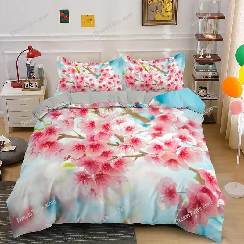 Duvet Cover Set Plum Blossom King Pink Flower Quilt Cover for Girls Microfiber Branches Printed Japanese Ink Style Bedding Set