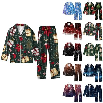 Women's 2 Piece Printed Suit Long Sleeve Button Up Top Wide Leg Pants Suit Set Pajamas Home Casual Suit