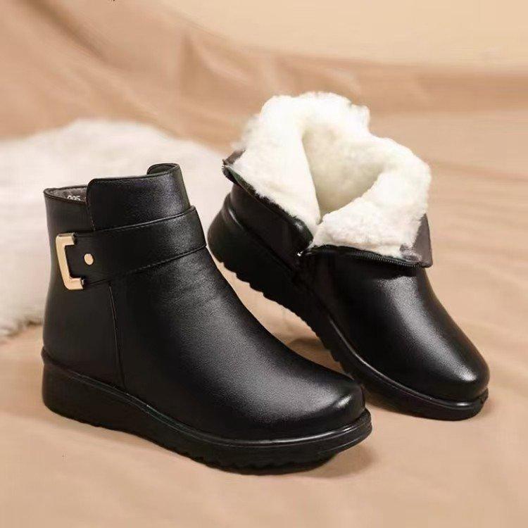 Mom Shoes Cotton Shoes Women's Autumn and Winter Middle-aged Soft Leather Soft-soled Short Boots Flat Leather Shoes Velvet Warm Middle-aged and Eld