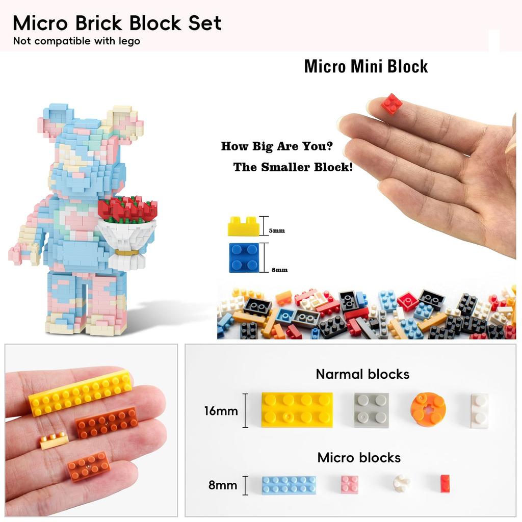 Animal Handheld Flower Pink Bear Micro Building Blocks Set1090PCS5.9in High SeriesGifts for Collectors and Enthusiasts