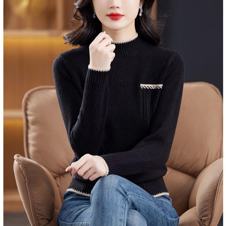 

Semi-high-neck Sweater Women s Autumn and Winter Thickened Knitted Sweater Top Loose Pullover Base Loose Sweater M чёрный