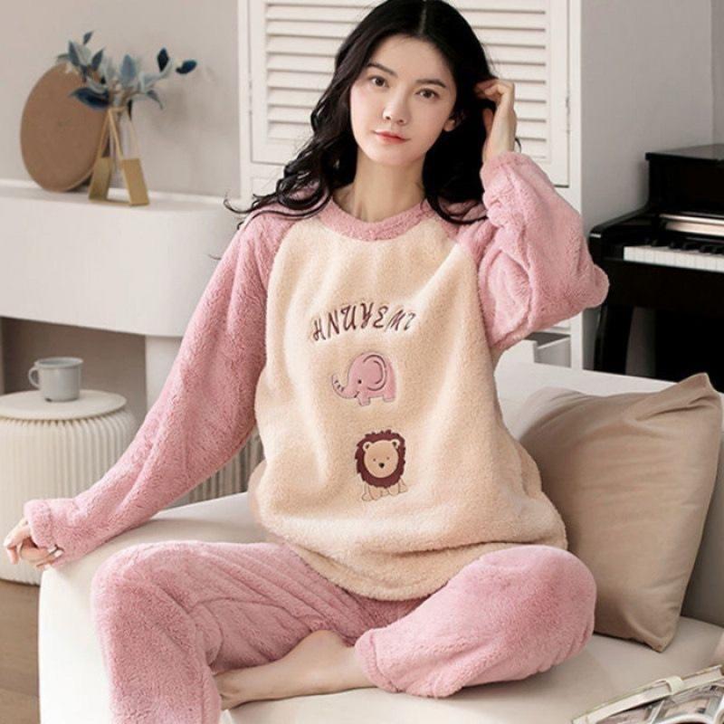 Thickened Warm Large Size Padded Fall and Winter Women's Pajamas Top and Pants Set Coral Velvet Ladies Cartoon Bear 2PCS/Set