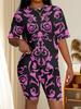 Love Women's Casual Suit Short Sleeve Shorts 1D Digital Flower Stripe Printing Fashion T-Shirt Set