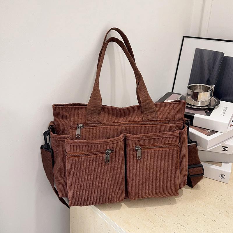 Multi-Pocket Corduroy Women Shoulder Bags Autumn Simple Solid Color Ladies Crossbody Bag Large Capacity College Handbags Tote
