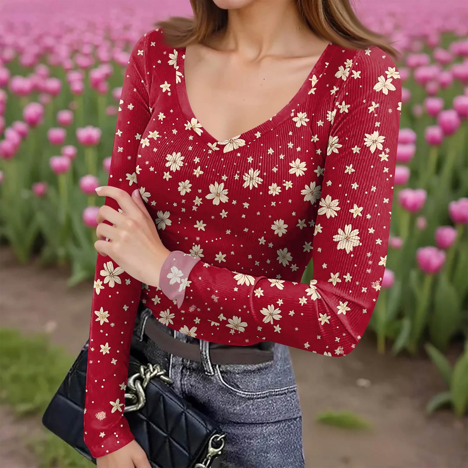 

Женская зимняя приталенная футболка-базовый слой, модный принт, V-образный вырез, пуловер, топ с длинным рукавом M винный