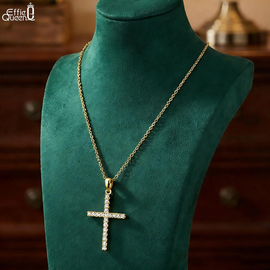 EFFIE QUEEN 925 Pure Silver 14k Gold Zirconia Cross Pendant Necklace Religious Jewelry Neck Chain for Women, Men Casual SN219