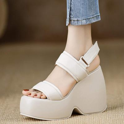 Ovčia koža Peep Toe Hrubé Vysoké Podpätky Platforma Letné Topánky Háčik Slučka Ležérne Dámske Sandále