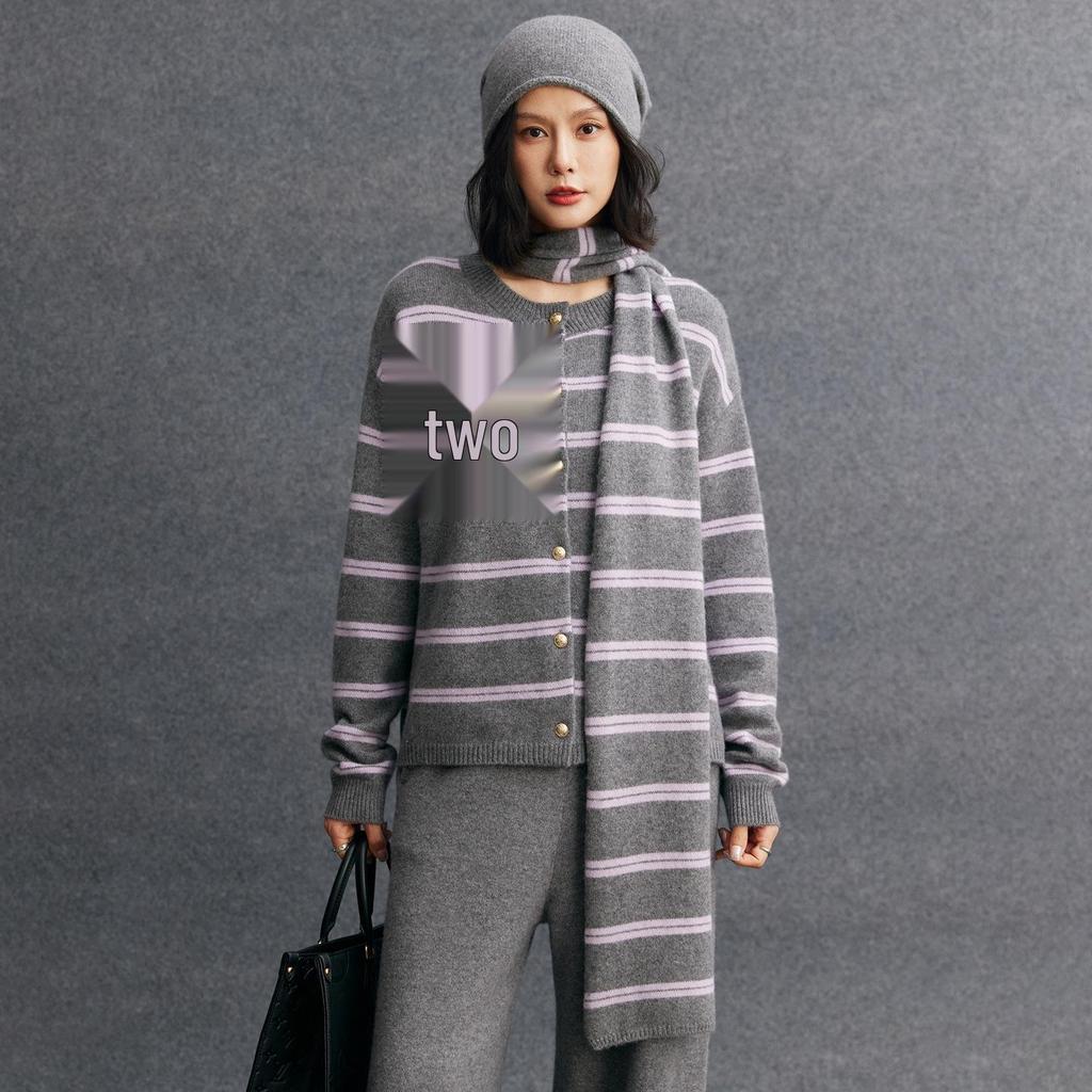Women's Double Ply Cashmere Cardigan - Round Neck, Thickened Sweater Coat, Retro Casual Stripes, Color Block Design.