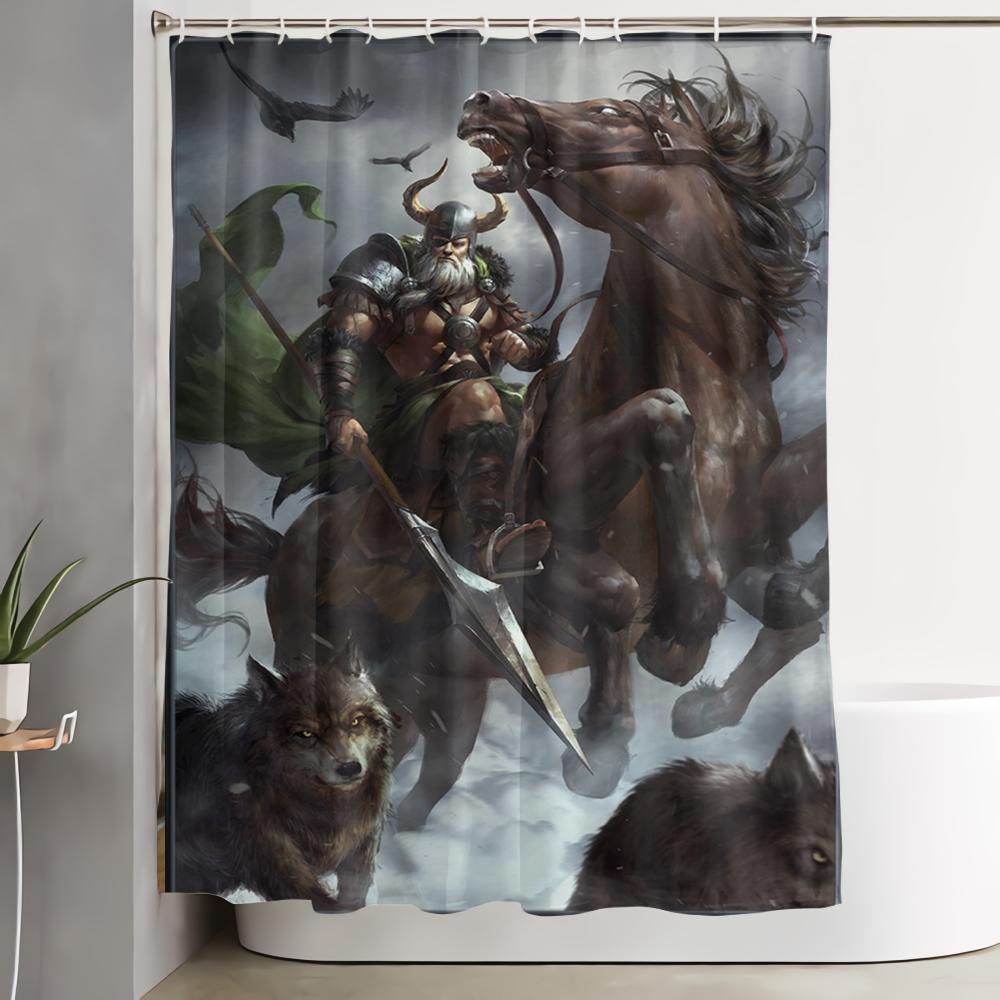 Dusjforheng Imaginary Wrath of Vikings Kongeskip med Dragehode Stormstråler Stoffduk Baderomsdekor Sett Med 12 Kroker