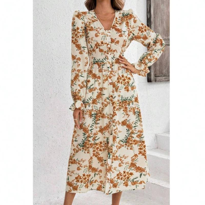 European and American Women's New Autumn and Winter Flower Print Cardigan V-neck Long-sleeved Dress