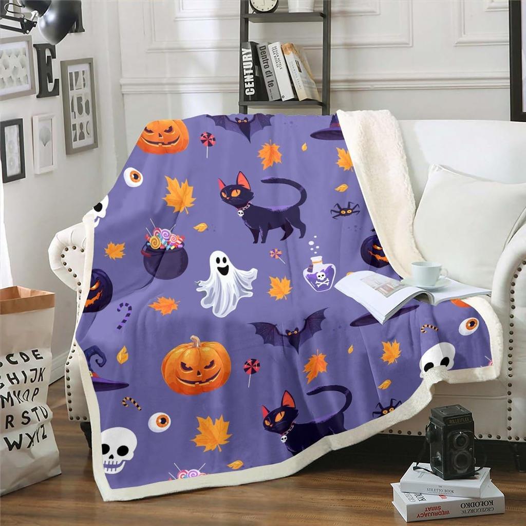 Halloween Ghost Blanket Soft Fleece Throw Pumpkin Spider Web Design Home Decor Party Gift Kids Room