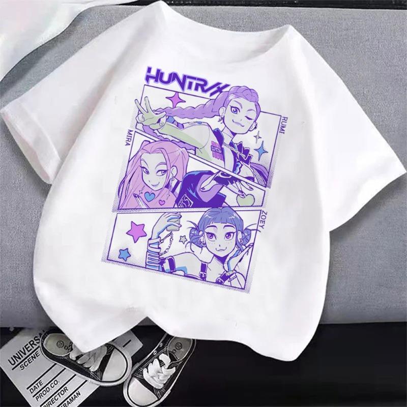 Summer Pure Cotton KPop Demon Hunters TShirt Kids Cartoon Anime Meme Print Clothes Round Neck Basic Boys Tops Casual Shirts