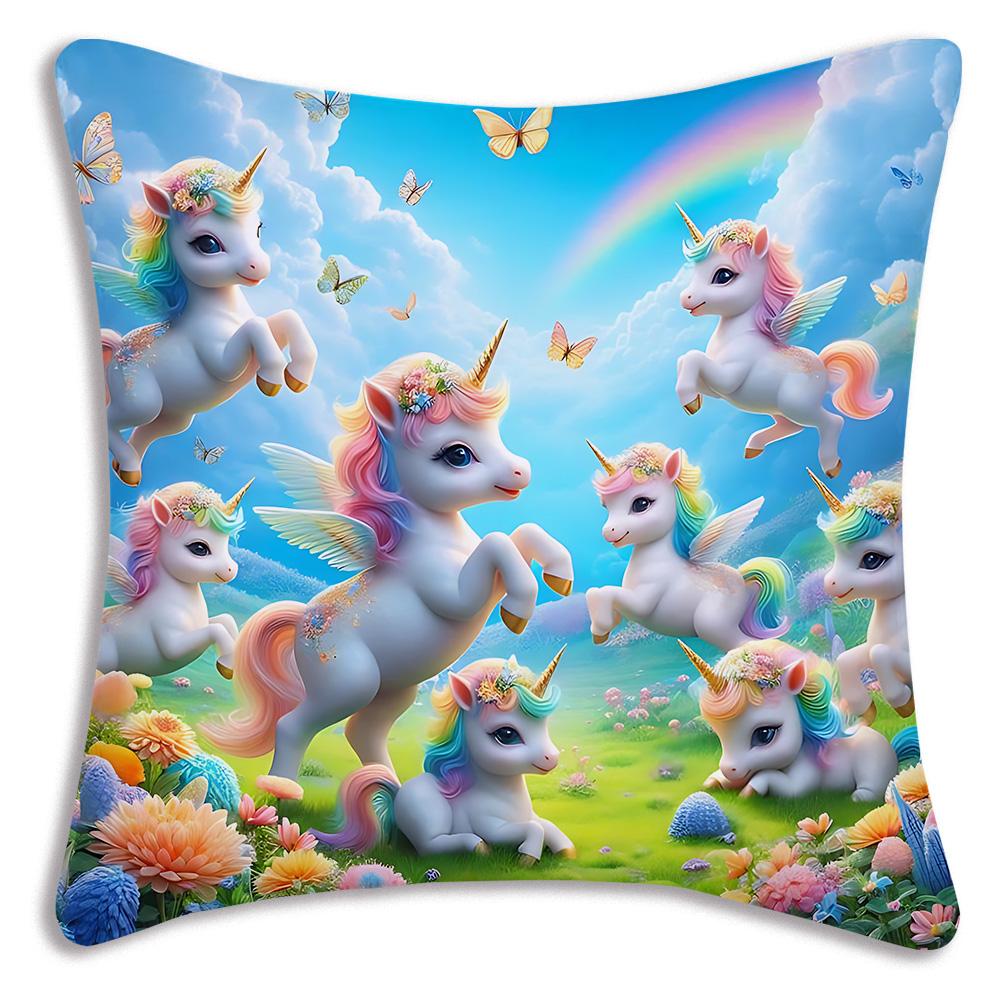Federe Cuscino Unicorni Arcobaleno Cartoni Animati Decorazione Divano Casa Stampa Double-sided Peluche Corto Federa Cuscino Carina