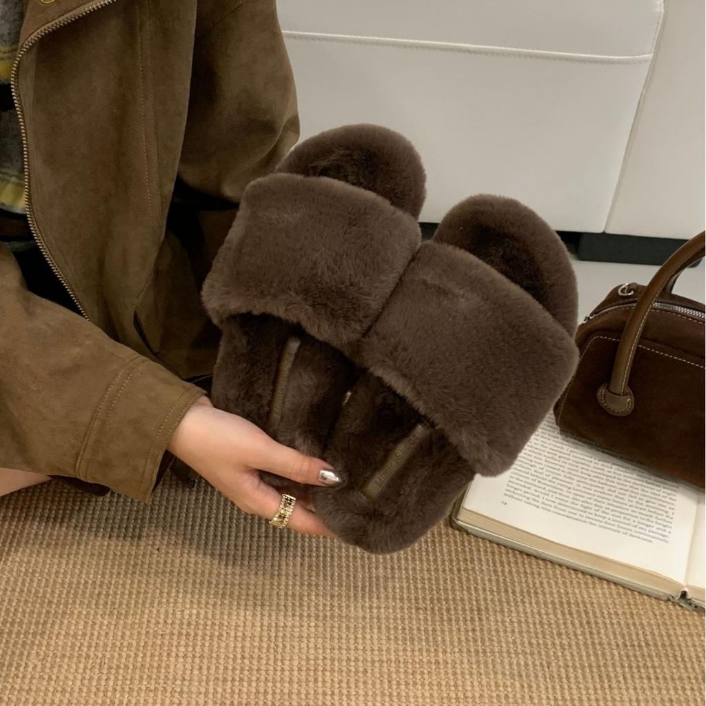 2025 New Autumn and Winter Mao Mao One-word with Open Toes and Half Tows, Wearing Mao Mao Open Toes Commuter Women's Warm Slippers