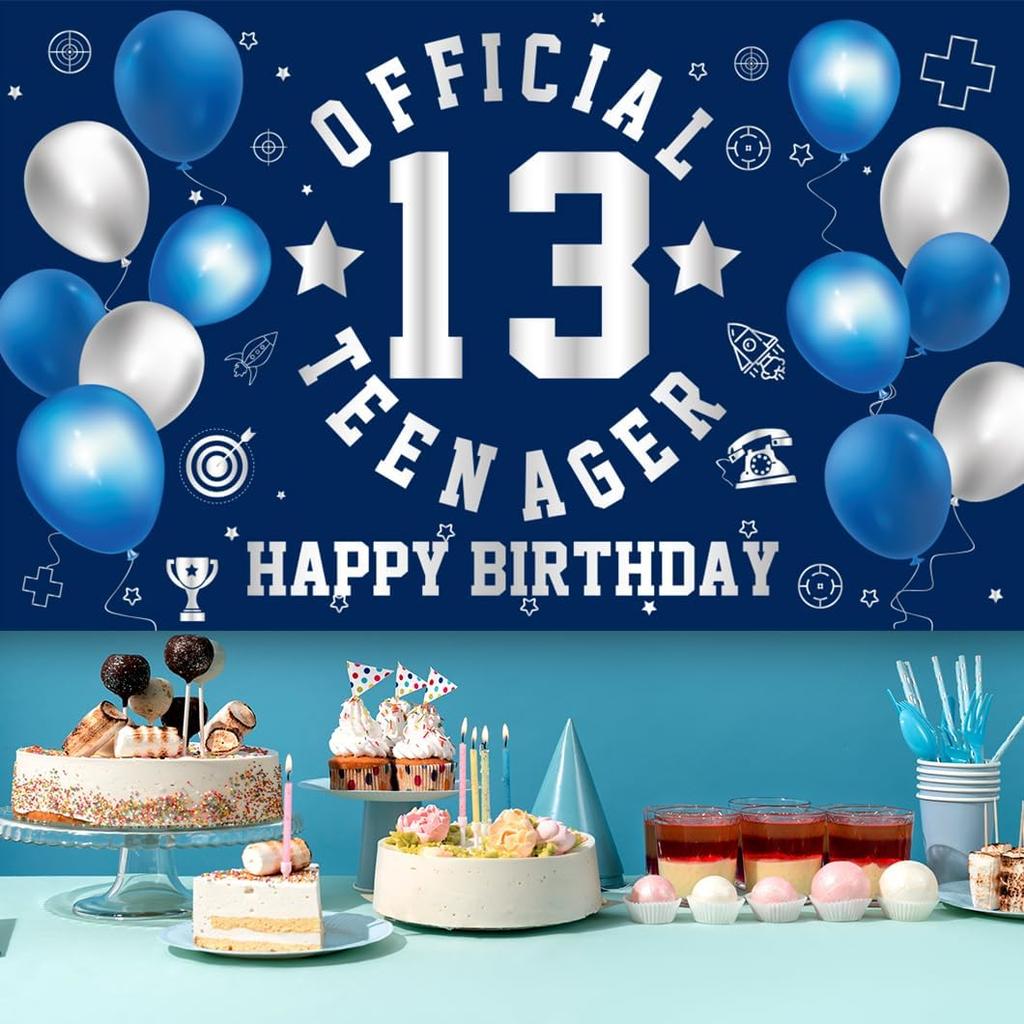 Happy 13th Birthday Decorations Large Official Teenager Backdrop Banner for Boys Girls Navy Blue White 13 Year Old Birthday Party Photo Props Decor