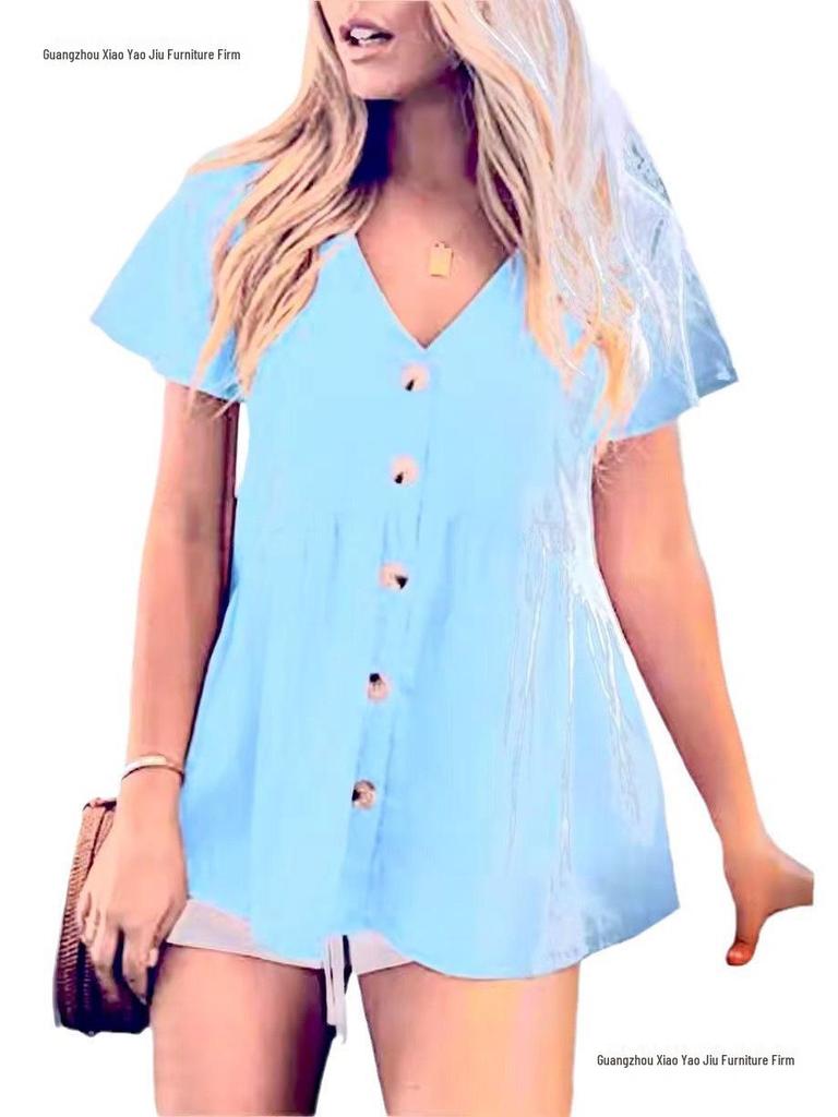 European Summer Women's V-neck Cotton Linen Shirt Dress - Short Sleeve, Pleated, Solid Color Beach Cover-up