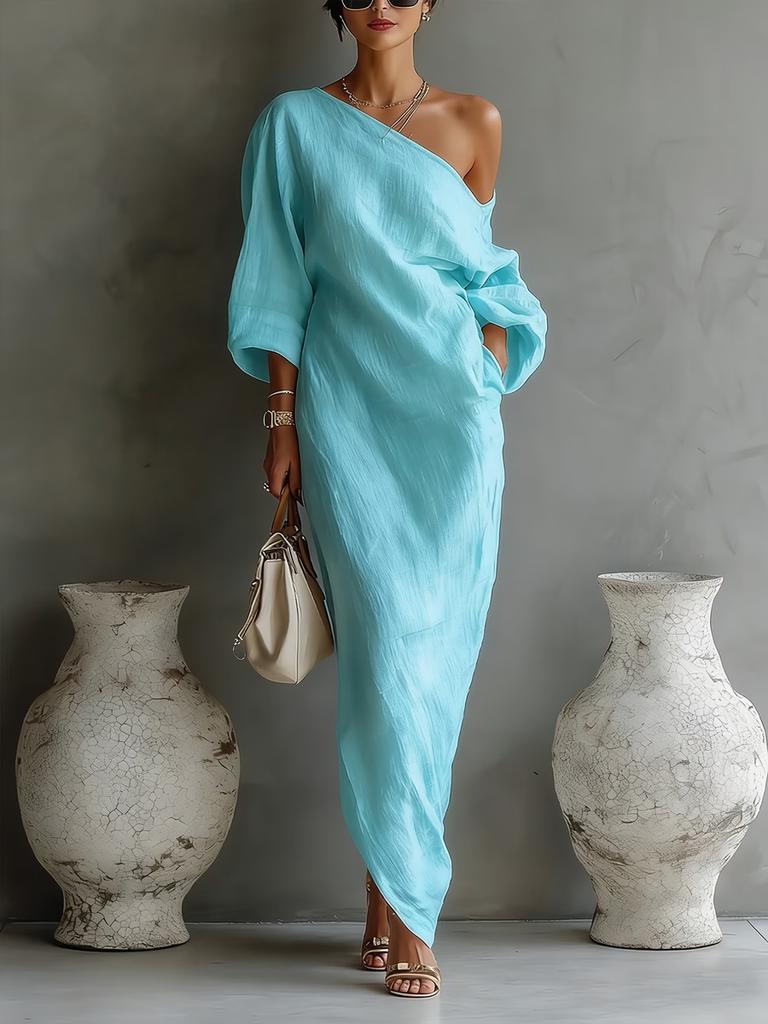 New Summer Fashion High-End Women's Long Sleeve Off-Shoulder Maxi Dress Mid-Waist Tucked-In Style