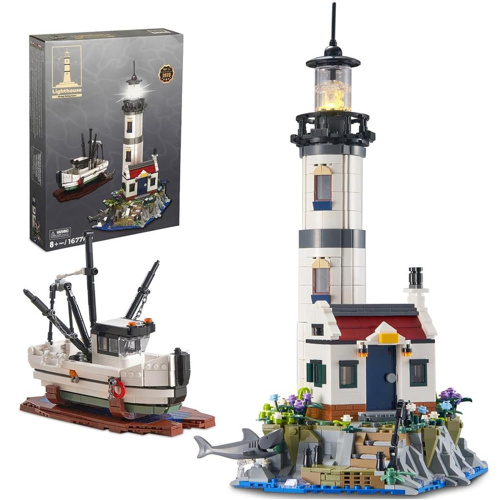 1677PCS Electric Lighthouse Building Blocks Fisherman Rescue Boats Lighthouse Model Bricks With Light Kids Toys Holiday Gifts