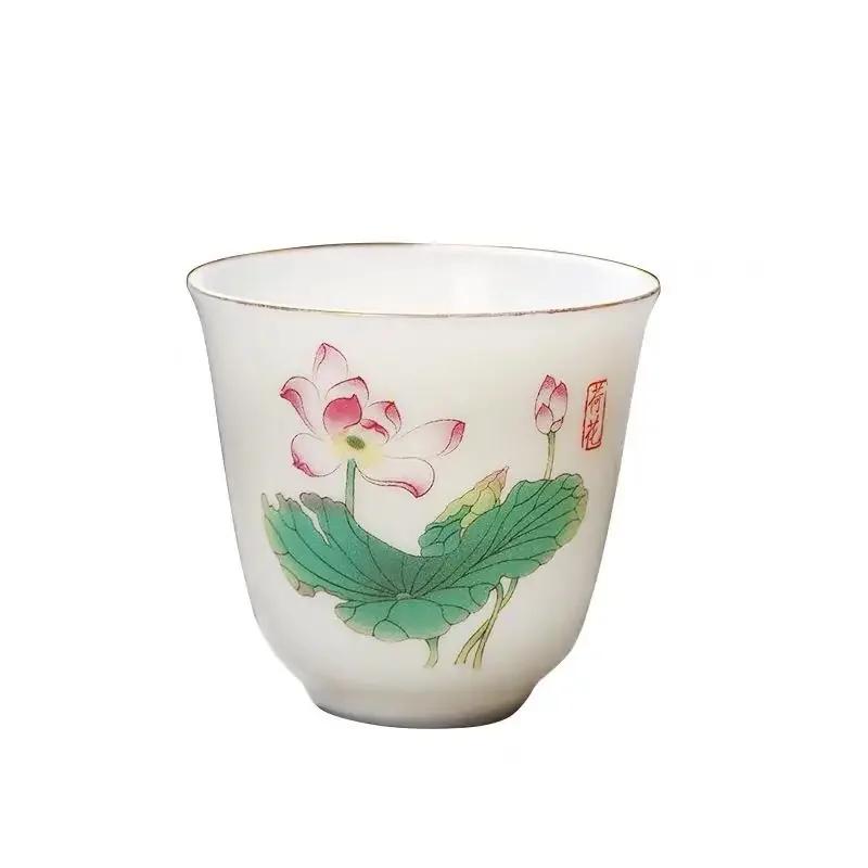 Chinese Ceramic Teacup Travel Personal Meditation Cup Hand Painted Lotus Leaf Tea Bowl Pu'er Master Cup Tea Set Accessories 65ml