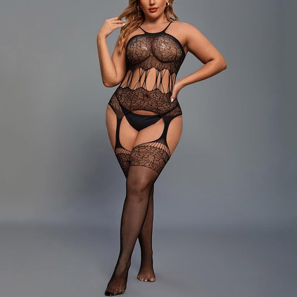 Women Sexy Lingerie Fishnet Bodystocking Babydoll Halter Chemise Deep V Hot Mesh Bodysuits Bodycon Jumpsuit Babydoll One Size