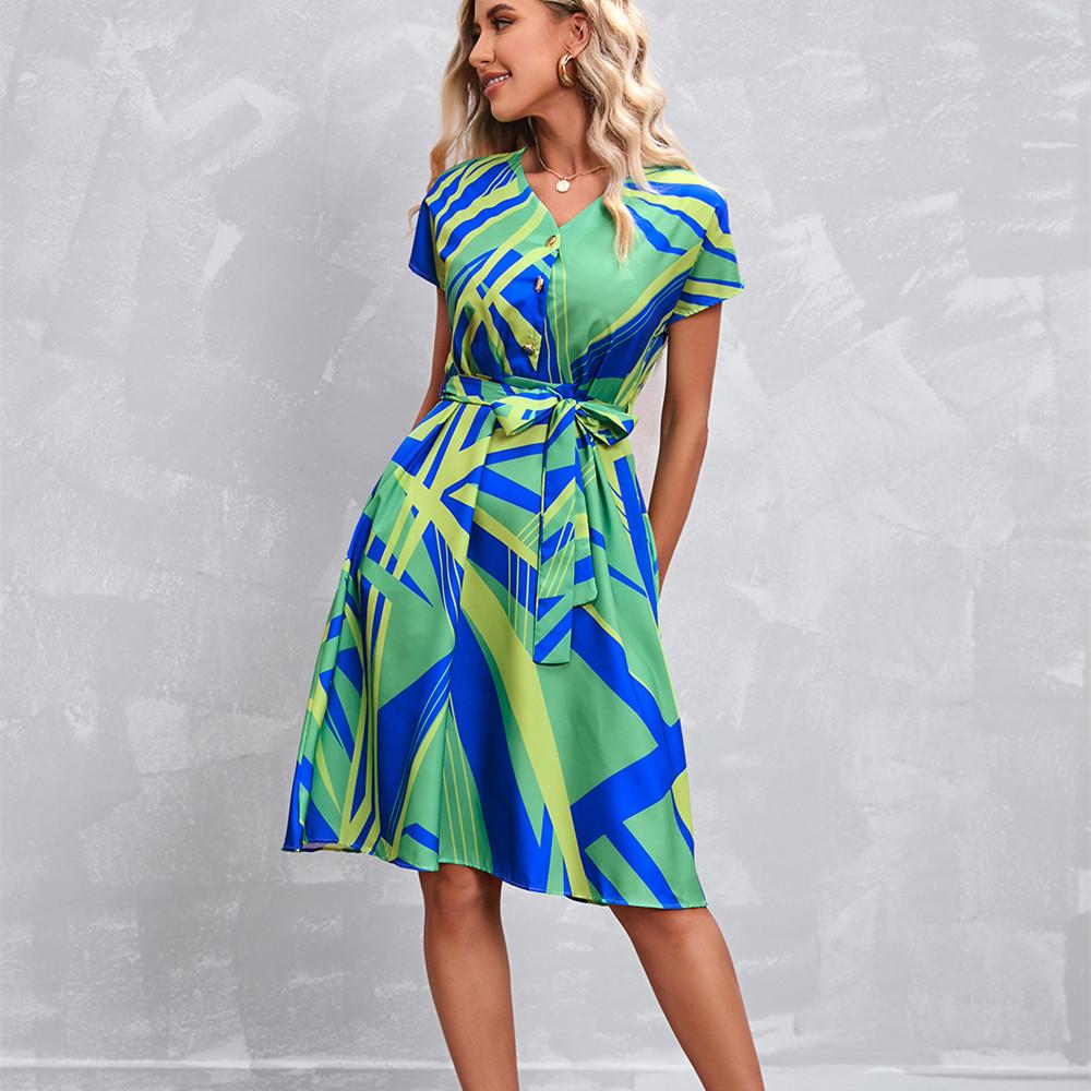 

QICED женские модные летние весенние повседневные платья с коротким рукавом и v-образным вырезом с цветочным принтом XL зелёный