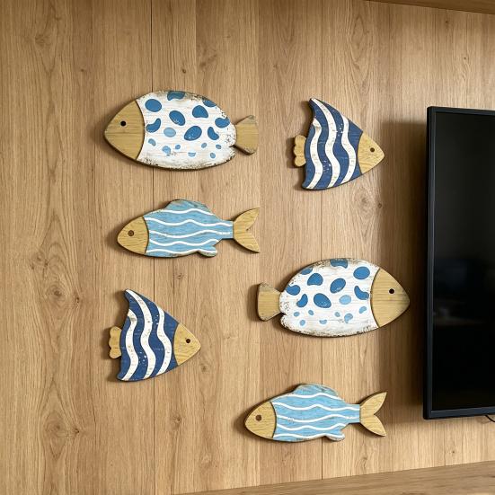 3 Stück Holzfisch Nautische Wanddekoration Strand Küstenfisch Wandkunst Rustikale Fisch Hängende Skulptur für Badezimmer Seehaus Dekoration
