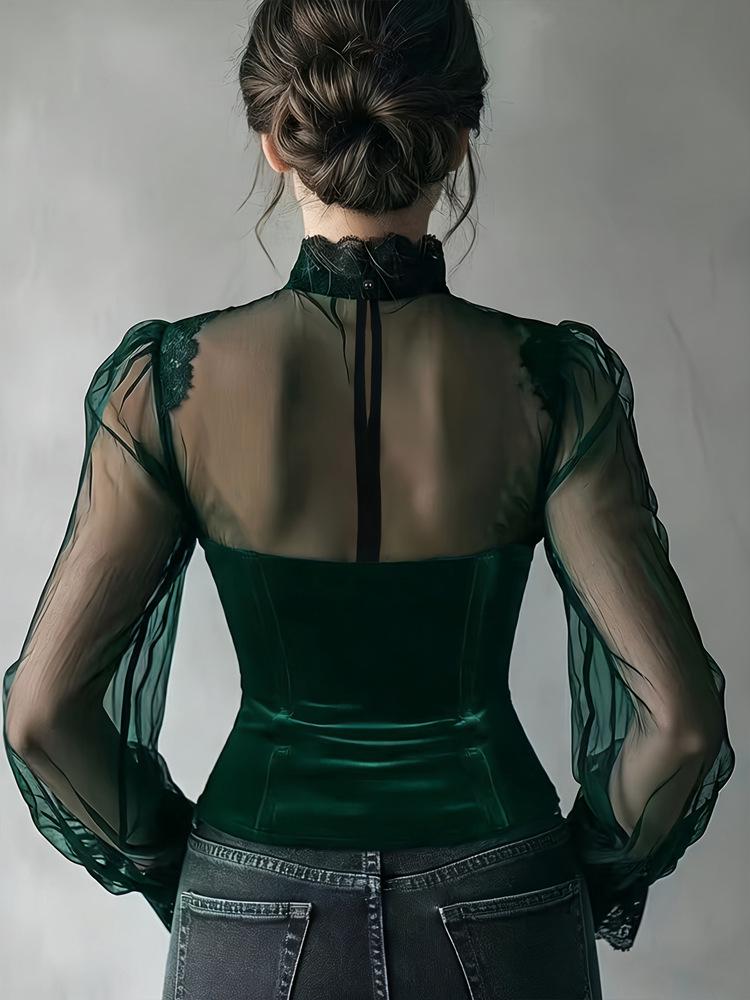 Elegant Spliced Mesh Bell Sleeve Lace-up Waist Top - Spring/Autumn 2026 Collection