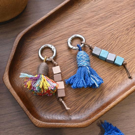 Tibetischer Regenbogen-Quasten-Anhänger Schlüsselanhänger Perlen Ethnischer Stil mit Natürlichem Holz Taschenanhänger Schuhdekoration mit