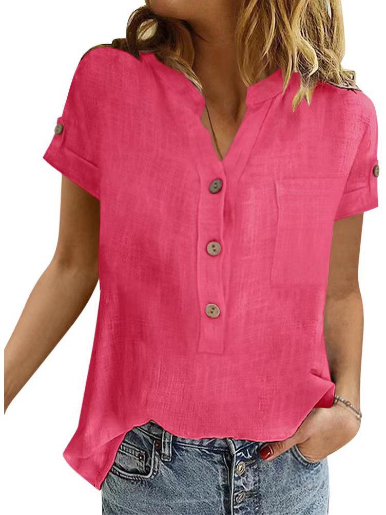 Women s Summer Retro Patchwork Cotton Linen V-Neck Button Short Sleeve Top L красный