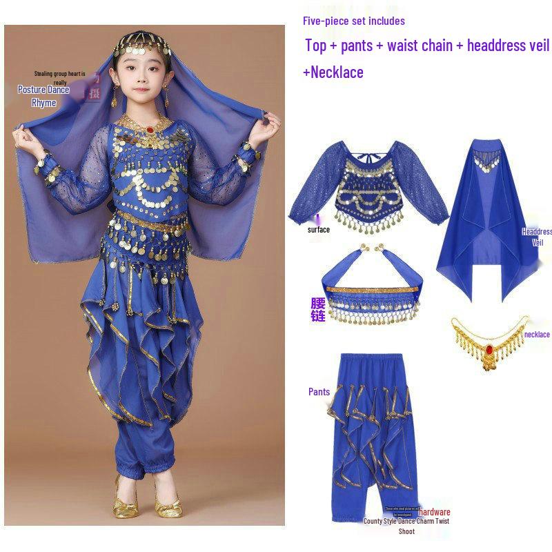 Costume da Danza Indiana per Bambini: Costume per Esibizione di Danza del Ventre e Minoranze dello Xinjiang per Bambina