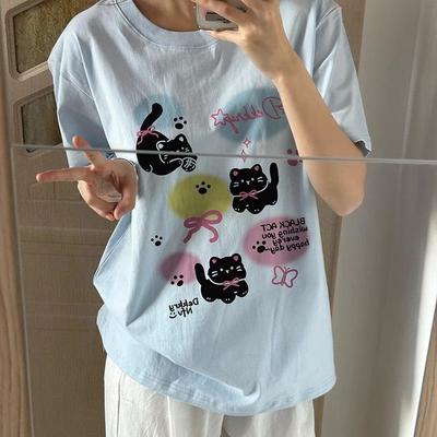 Summer 100% Cotton Casual Oversized T Shirt Women's Streetwear Harajuku Cute Cartoon Print Short Sleeve T-shirts for Youth Women Blue White Y2k Tops