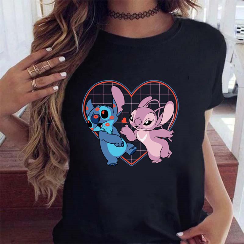 New Fashion FeUnisex Clothing Cartoon Disney Stitch Womens Tshirt Summer Short Sleeve Black Tops