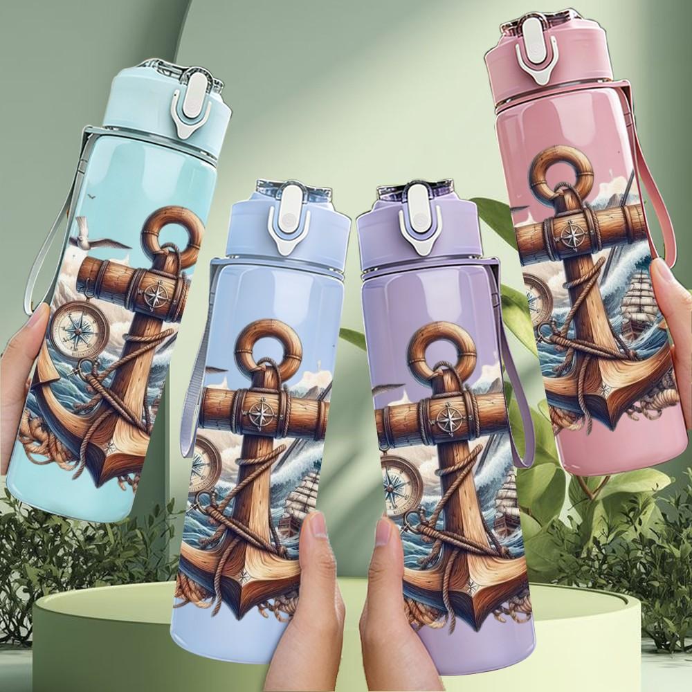 1PC Anchor Rose Nautical Pattern 750ml Color Plastic Sports Water Bottle Leakproof Flip Straw Lid Suitable for Sports Office Home Use