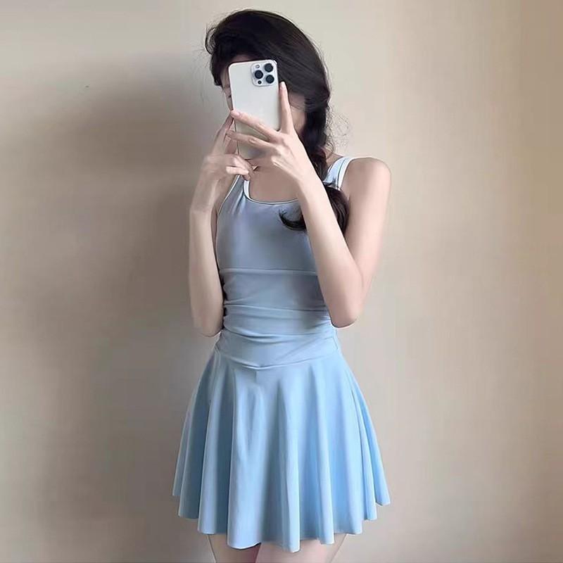 Womens Modest One-Piece Swimsuit With Tummy Control Solid Color Sweet Style No Underwire Pool Spa Swimming