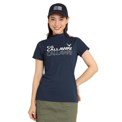 Women's Short Sleeve Mock Neck Shirt (Brand Logo, Moisture-Wicking, Quick-Drying) / Golf Underwear / C24134218 1120_Navy, Size S